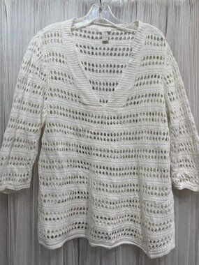 Chico's Crochet Top 3(XL) Linen Blend Open Knit Sweater Beach Crochet Coastal